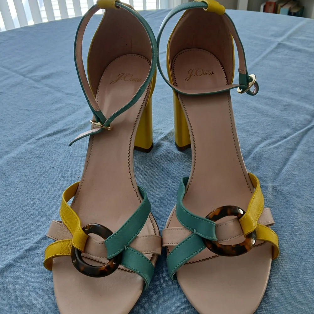 J. Crew Teal, Yellow, and Cream Strappy Heels - Picture 2 of 4